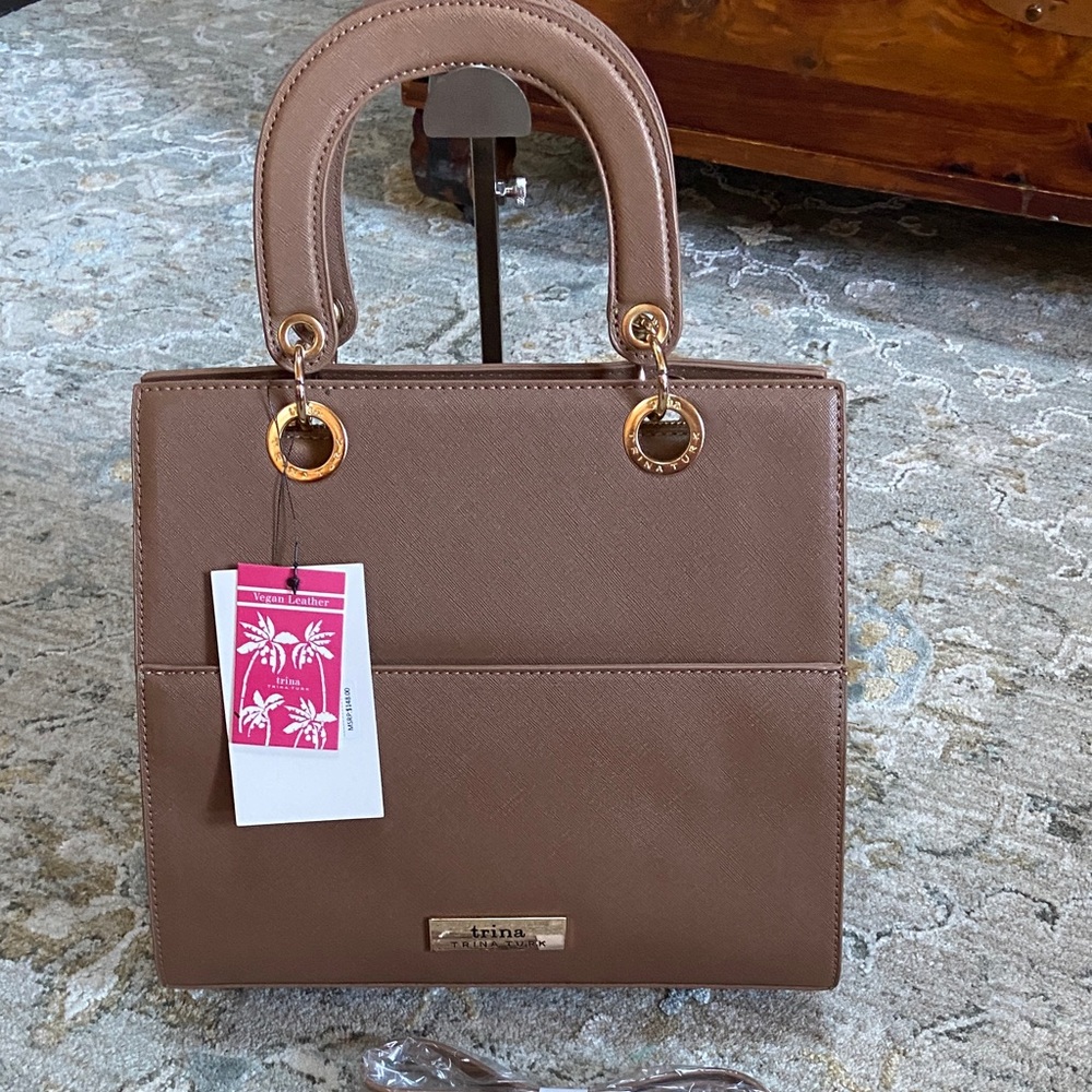 Trina Turk Khaki Structured Satchel with Gold Ring Hardware and Crossbody Strap
